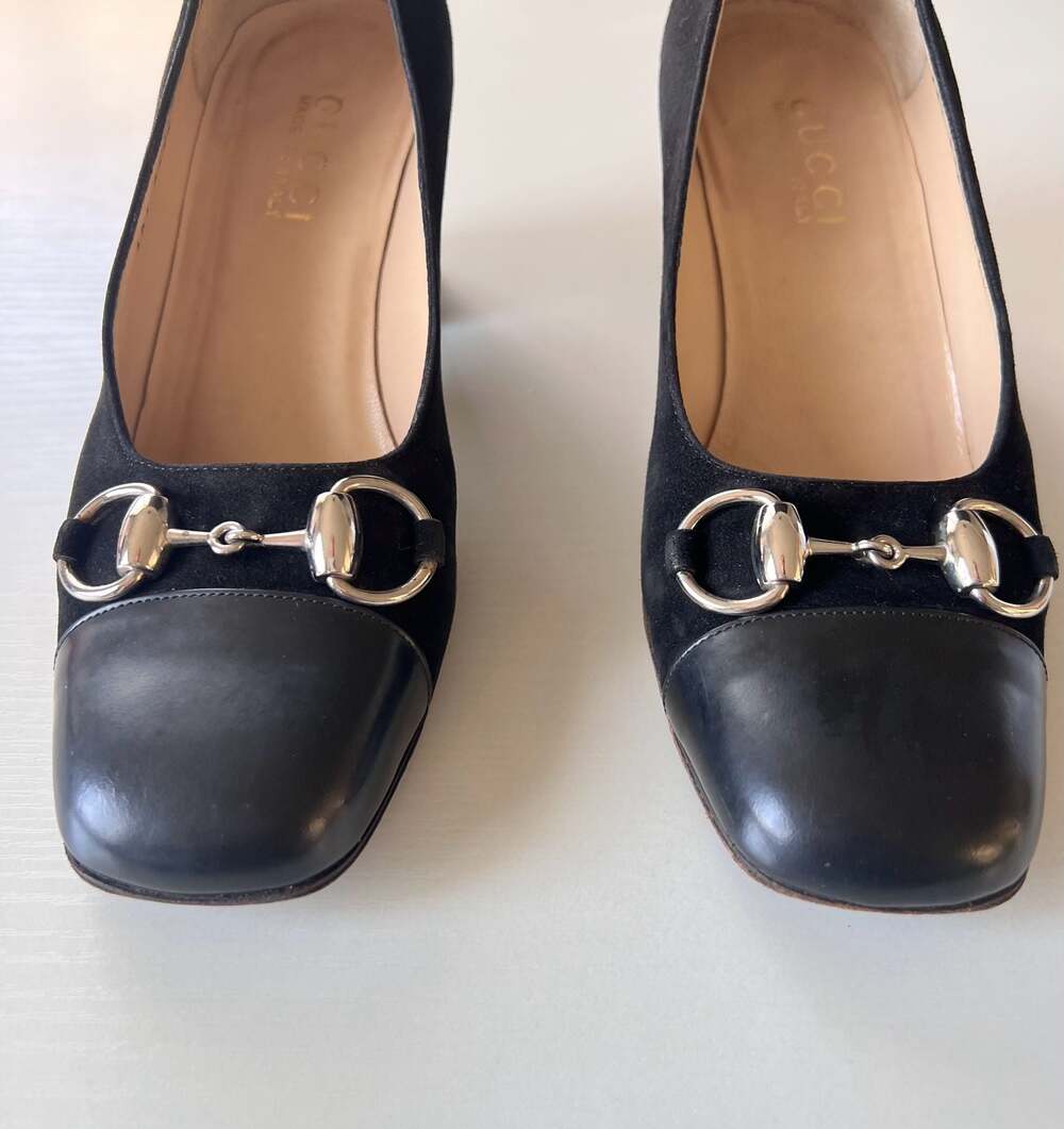 Gucci Vintage Horsebit Suede and Leather Square Toe Block Heel Pumps - Picture 4 of 12